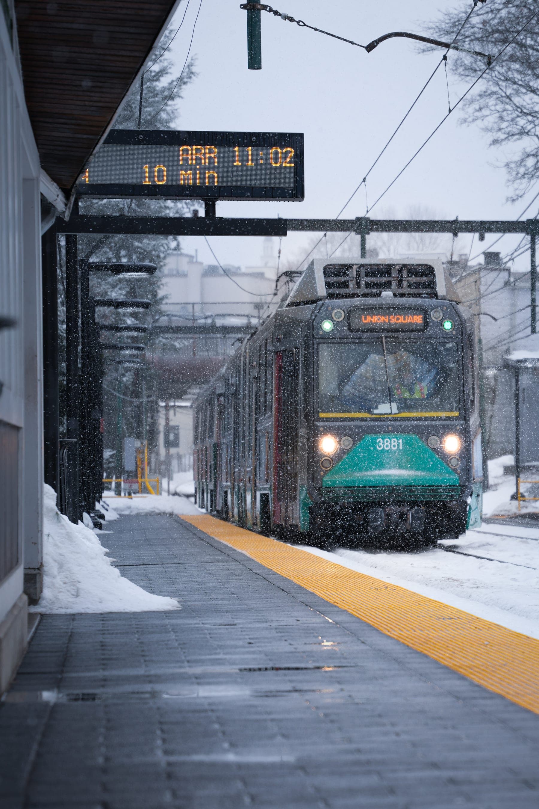 Green Line train in a blizzard