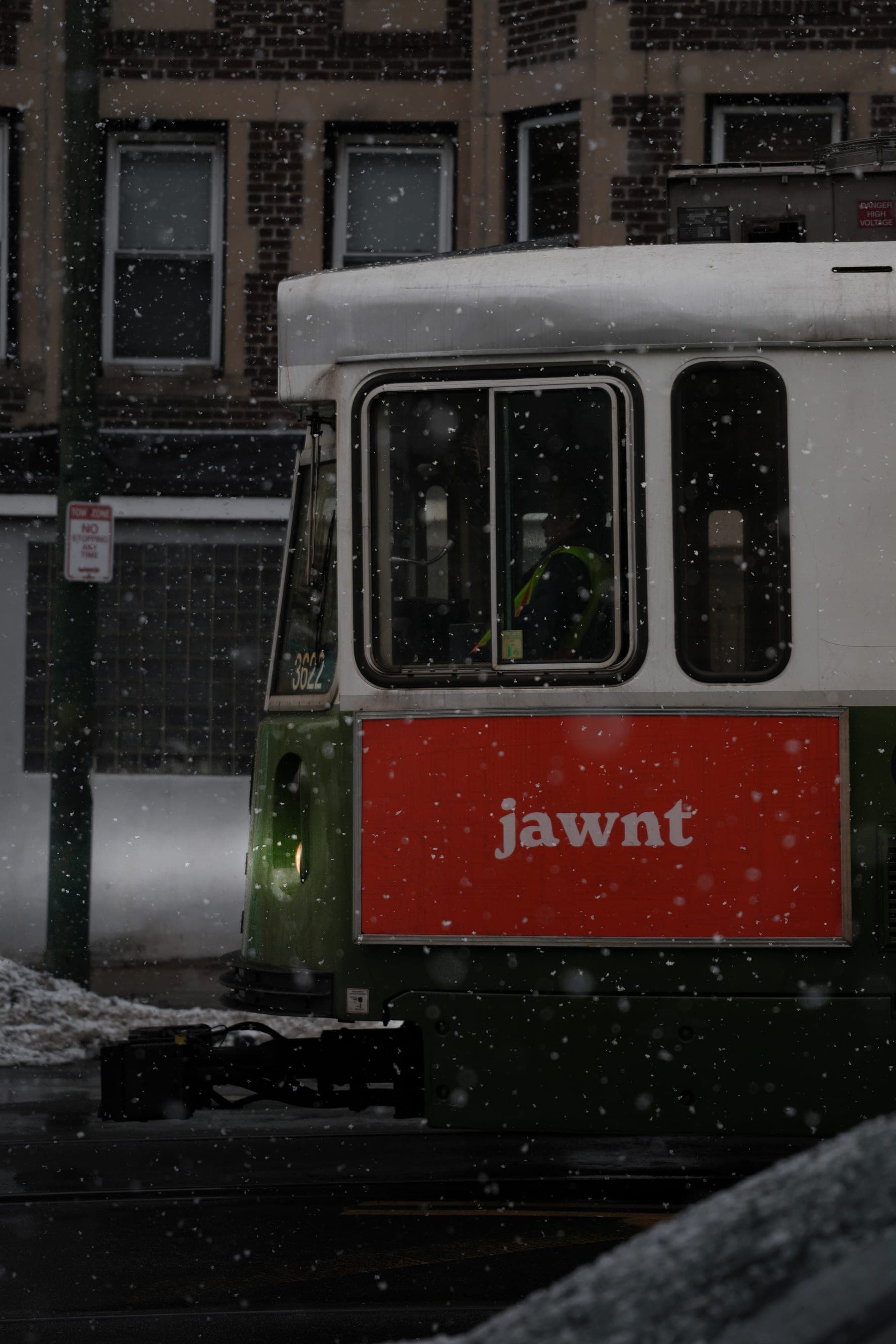 Green Line train in a blizzard